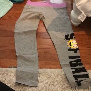 Justice leggings with glitter spelling softball